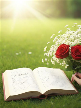 绿色草地书籍玫瑰花摄影图片